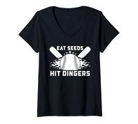 Womens Funny Baseball Softball Sayings Eat Seeds Hit Dingers V-Neck T-Shirt