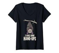 Women's Funny Bat Hang-Ups Halloween Spooky Humor V-Neck T-Shirt