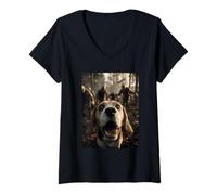 Womens Funny Beagle Selfie with Zombies Creepy Forest Halloween Dog V-Neck T-Shirt