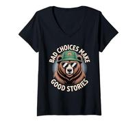 Womens Funny Bear Saying Bad Choices Make Good Stories Humor Meme V-Neck T-Shirt