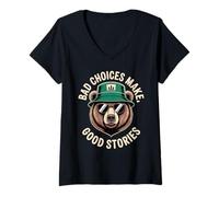 Womens Funny Bear Saying Bad Choices Make Good Stories Humor Meme V-Neck T-Shirt