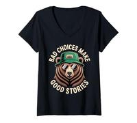 Womens Funny Bear Saying Bad Choices Make Good Stories Humor Meme V-Neck T-Shirt
