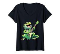 Womens Funny Bearded Dragon Playing Electric Guitar Music Lovers V-Neck T-Shirt