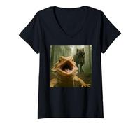 Womens Funny Bearded Dragon Selfie with T-Rex Meme V-Neck T-Shirt
