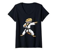 Women's Funny Bearded Dragons Doing Karate Samurai Ninja Lizard V-Neck T-Shirt