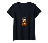 Women's Funny Beaver Wearing Sunglasses Playing Mandolin V-Neck T-Shirt