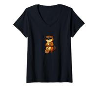 Women's Funny Beaver Wearing Sunglasses Playing Sitar V-Neck T-Shirt
