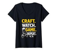Women's Funny Beer Craft Watch Game Repeat Gamer Streaming Quote V-Neck T-Shirt