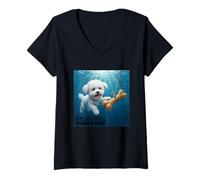 Womens Funny Bichon Frise Swimming Underwater V-Neck T-Shirt