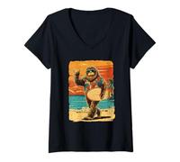 Womens Funny Bigfoot Aloha Hawaiian Surfing Tropical Beach Surfer V-Neck T-Shirt