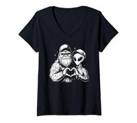 Womens Funny Bigfoot and Alien Making an Heart with The Love Sign V-Neck T-Shirt