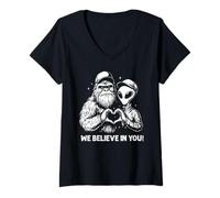 Womens Funny Bigfoot and Alien Making an Heart with The Love Sign V-Neck T-Shirt