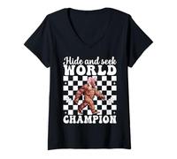 Womens Funny Bigfoot Girl Mom Hide And Seek World Champion V-Neck T-Shirt