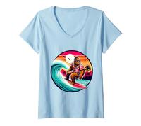 Womens Funny Bigfoot Hawaiian Surfing wave Tropical Beach Surfer V-Neck T-Shirt