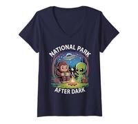 Women's Funny Bigfoot National Park After Dark Alien Kids Camp Squad V-Neck T-Shirt