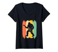 Womens Funny Bigfoot Playing Guitar Retro Sasquatch Rock and Roll V-Neck T-Shirt