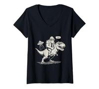 Women's Funny Bigfoot Riding T Rex UFO Meme Art V-Neck T-Shirt
