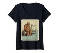 Womens Funny Bigfoot Sasquatch Alien Fishing Outdoors Lake River V-Neck T-Shirt