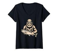 Women's Funny Bigfoot Sasquatch Fishing V-Neck T-Shirt
