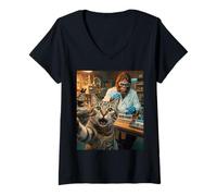 Women's Funny Bigfoot Scientist Cat Selfie Laboratory Humor V-Neck T-Shirt
