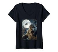 Womens Funny Bigfoot Selfie Full Moon Flying Witch Forest Halloween V-Neck T-Shirt