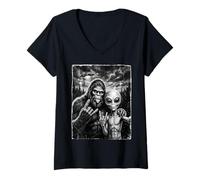 Women's Funny Bigfoot Selfie Rock On UFO Sasquatch V-Neck T-Shirt