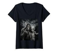 Women's Funny Bigfoot Selfie Rock On UFO Sasquatch V-Neck T-Shirt