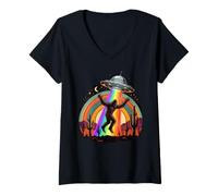 Women's Funny Bigfoot UFO Alien Abduction Retro Desert Sunset V-Neck T-Shirt
