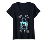 Womens Funny Black Cat Don't Open Evil Inside Cat Adult Humor V-Neck T-Shirt