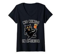 Womens Funny Black Cat Kicking Crown No Kings America Democracy V-Neck T-Shirt