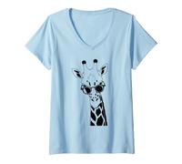 Women's Funny Black Giraffe in Sunglasses Summer Cute Ink Art Animal V-Neck T-Shirt