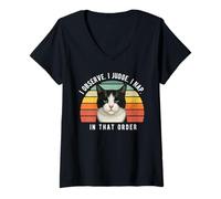Womens Funny Black White Cat Sarcastic Humor I Observe I Judge V-Neck T-Shirt