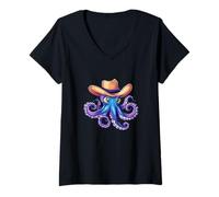 Womens Funny Blue Octopus with Funny Rodeo Cowboy Hat Outfit V-Neck T-Shirt