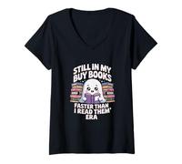 Womens Funny Book Lover Ghost Reading Still in My Buy Books Era V-Neck T-Shirt
