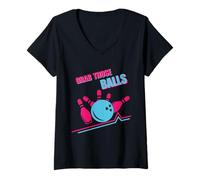 Women's Funny Bowling Grab Those Balls League Night Team Bowler V-Neck T-Shirt