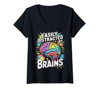 Women's Funny Brain Science Easily Distracted by Brains Neuroscience V-Neck T-Shirt