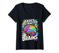 Women's Funny Brain Science Easily Distracted by Brains Neuroscience V-Neck T-Shirt