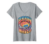 Womens Funny Brain Waves Cartoon Design V-Neck T-Shirt