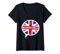 Womens Funny British Flag Humor Bloody Hell English Britain UK V-Neck T-Shirt