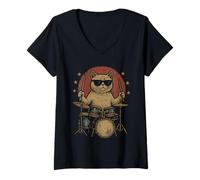 Womens Funny British Shorthair Drummer Cat Music Lovers Pet Owners V-Neck T-Shirt