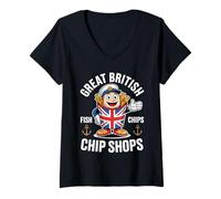 Womens Funny British Vacation Chip Shop Chippy Chips UK Souvenir V-Neck T-Shirt