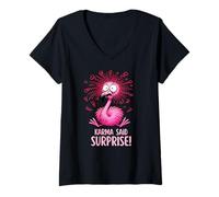Women's Funny Buddhist Humor Karma Said Surprise Flamingo V-Neck T-Shirt