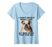 Womens Funny Bulldog Design My Dog Watches What I Eat V-Neck T-Shirt