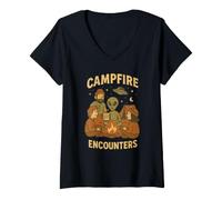 Women's Funny Camping Alien Campfire Encounters V-Neck T-Shirt