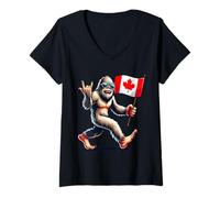 Womens Funny Canadian BigFoot, Rock'N Roll Canada Day, Maple Flag V-Neck T-Shirt