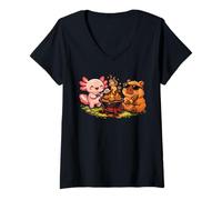 Women's Funny Capybara Axolotl Camping BBQ Cute Summer Vibes Food V-Neck T-Shirt