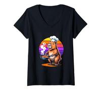 Women's Funny Capybara Chef Cooking Retro Sunset V-Neck T-Shirt
