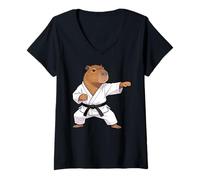 Women's Funny Capybara Doing Karate Samurai Ninja Capybara V-Neck T-Shirt