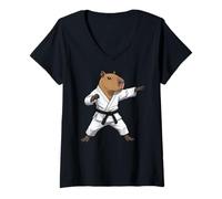 Women's Funny Capybara Doing Karate Samurai Ninja Capybara V-Neck T-Shirt