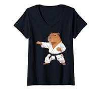 Women's Funny Capybara Doing Karate Samurai Ninja Capybara V-Neck T-Shirt